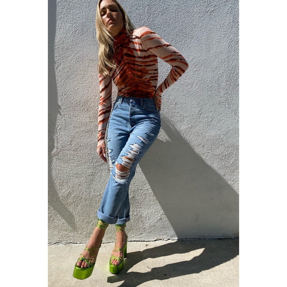 Revolve AFRM Jeans Womens 26 Blue Distressed High Rise Med Wash Button Fly NWT